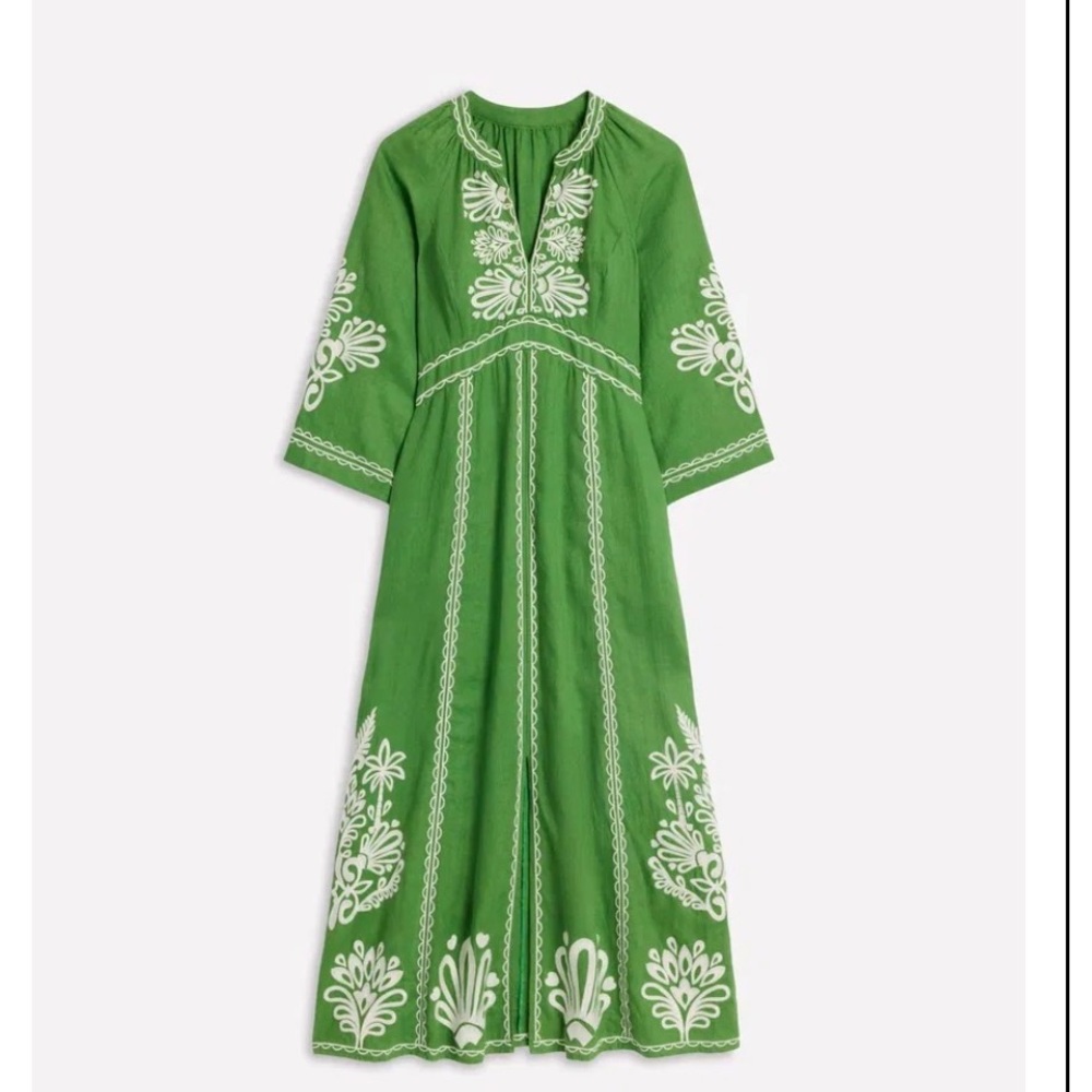 Boden Green Maxi Dress with White Embroidery